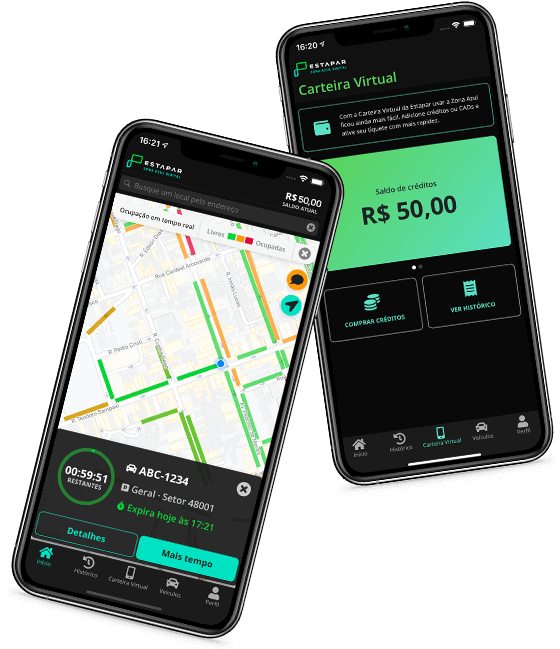 Aplicativo Nova Zona Azul Digital SP | Estapar Celulares pretos com tela do aplicativo aberta mostrando um mapa de localização e a carteira virtual do estacionamento rotativo da Nova Zona Azul.